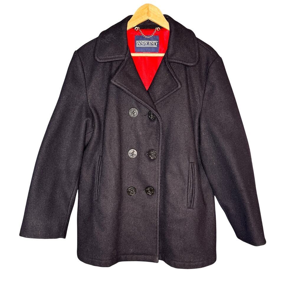 Lands End Wool Pea Coat Womens Double Breasted Black **see measurements